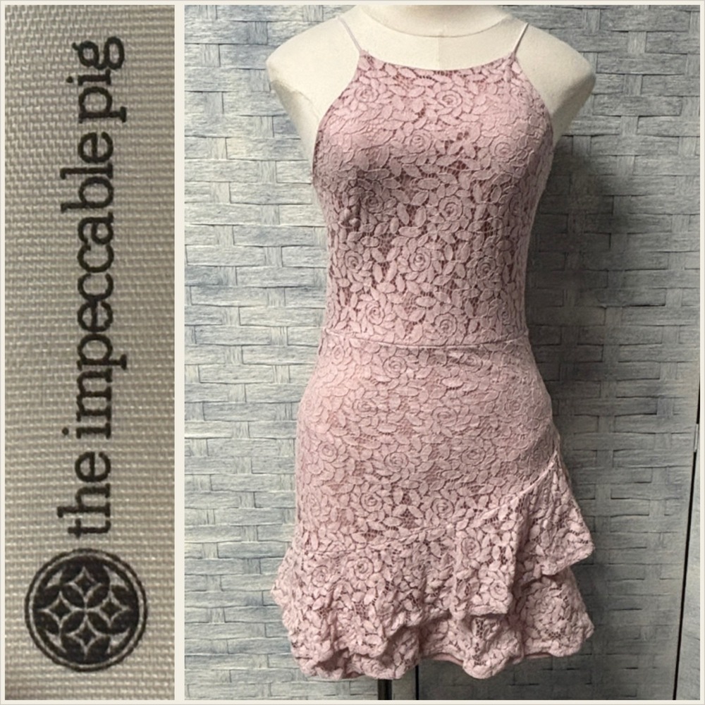 The Impeccable Pig Womens Mini‎ Dress Medium Pink Lace Sleeveless Ruffle Hem